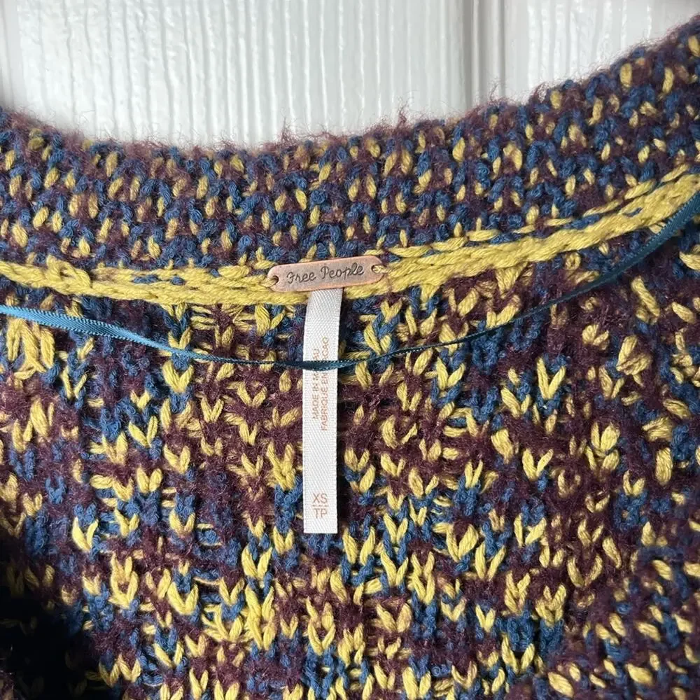 Free People Leopard Little Animal Pullover Crew Neck Sweater Blue Fig Combo XS